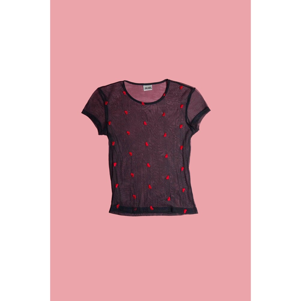 1990s-Y2K JALATE. MESH Semi Sheer. Embroidered HEART Print Blouse. XXS-XS